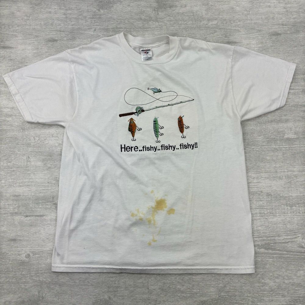 Vintage Fishing Shirt Adult Large White Fishing Lure Crank Bait Embroidered